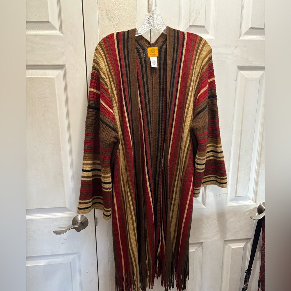 Ruby Rd. Striped Fringe Open-Front Knit Coatigan - Brown & Red